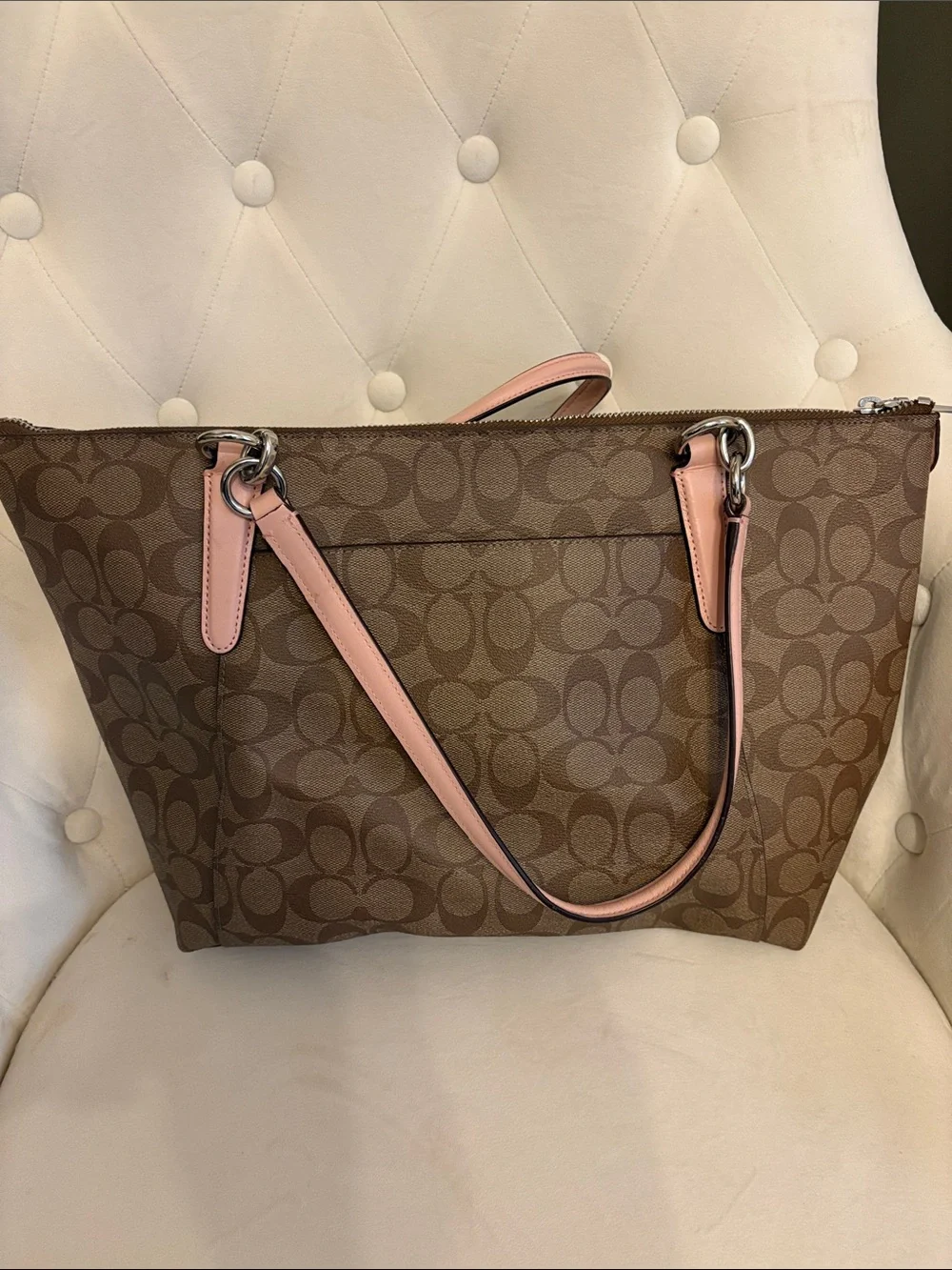 COACH Brown Signature Tote with Pink Trim and Handles
